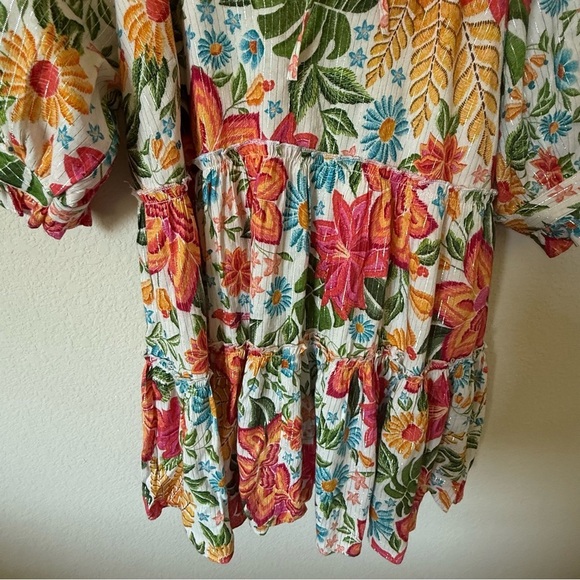 En Crème Floral Printed Puff Sleeve Tiered Mini Dress with Lurex Medium - Picture 9 of 15